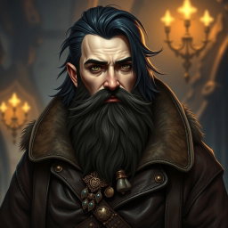 A male dwarf rogue character with a noble appearance, featuring dark hair styled elegantly