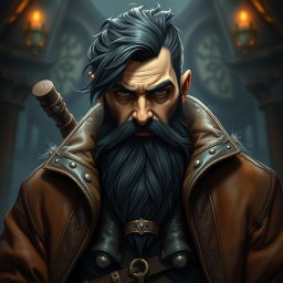 A male dwarf rogue character with a noble appearance, featuring dark hair styled elegantly