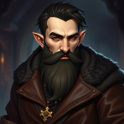 A male dwarf rogue character with a noble appearance, featuring dark hair styled elegantly