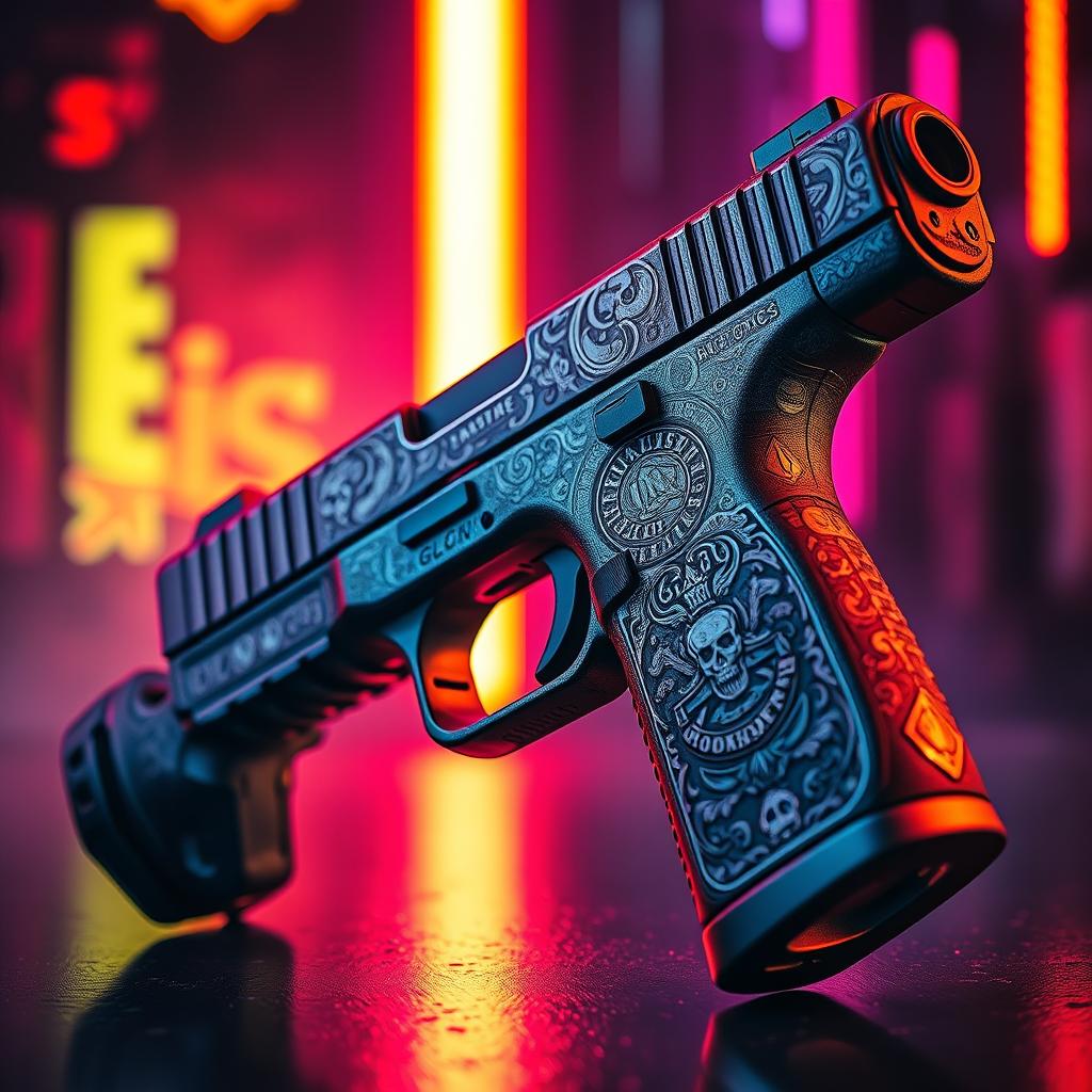 A gangsta-style image for a rap music cover featuring a highly detailed Glock pistol, elaborately designed with gangster symbols and motifs