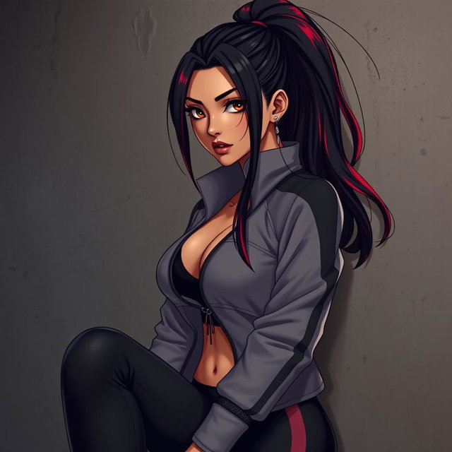 A charismatic Latina vampire with mesmerizing brown eyes, long dark hair styled into a high ponytail with stunning red highlights, and a warm tan complexion