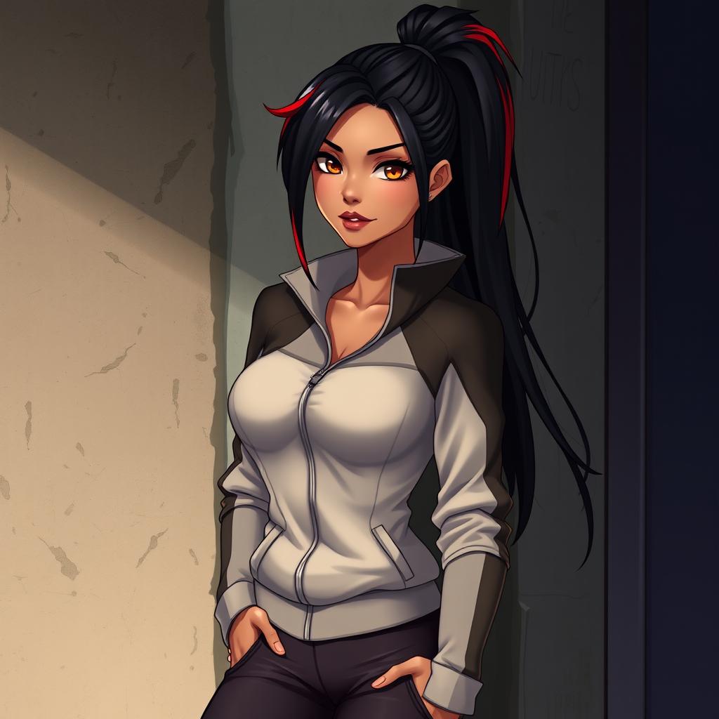 A charismatic Latina vampire with mesmerizing brown eyes, long dark hair styled into a high ponytail with stunning red highlights, and a warm tan complexion