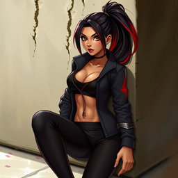 A charismatic Latina vampire with mesmerizing brown eyes, long dark hair styled into a high ponytail with stunning red highlights, and a warm tan complexion