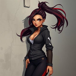 A charismatic Latina vampire with mesmerizing brown eyes, long dark hair styled into a high ponytail with stunning red highlights, and a warm tan complexion