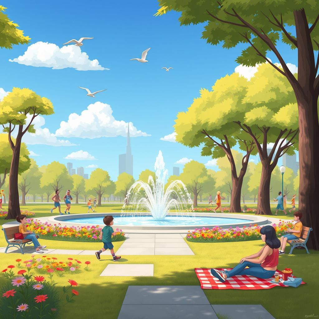 A cheerful, animated scene of a modern city park with people sitting on benches, enjoying the sunshine