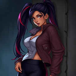 A charismatic Latina vampire with mesmerizing brown eyes, long dark hair styled into a ponytail accented with vibrant red highlights, and a smooth tan complexion