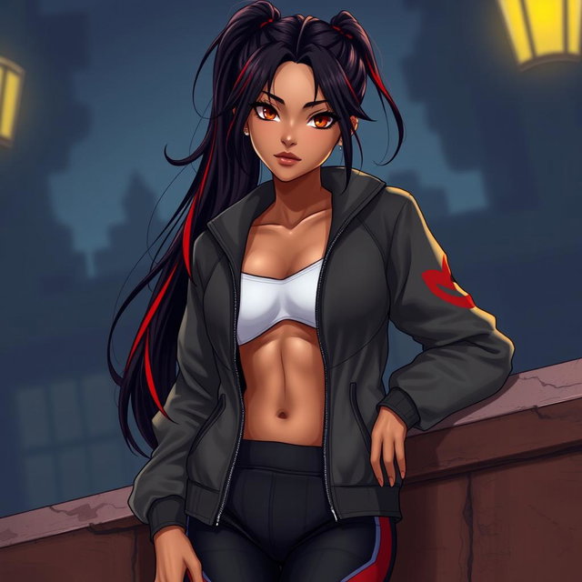A charismatic Latina vampire with mesmerizing brown eyes, long dark hair styled into a ponytail accented with vibrant red highlights, and a smooth tan complexion