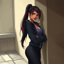 A charismatic Latina vampire with mesmerizing brown eyes, long dark hair styled into a ponytail accented with vibrant red highlights, and a smooth tan complexion