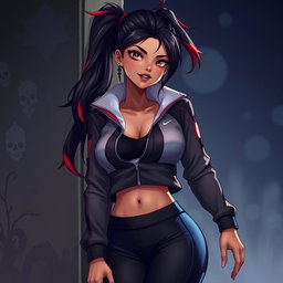 A charismatic Latina vampire with mesmerizing brown eyes, long dark hair styled into a ponytail accented with vibrant red highlights, and a smooth tan complexion
