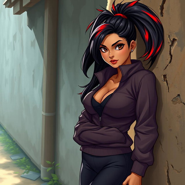 A charismatic Latina vampire with captivating brown eyes, long dark hair styled into a high ponytail adorned with vivid red highlights, and a sun-kissed tan complexion