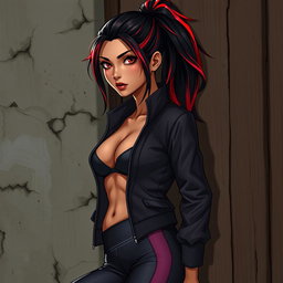 A charismatic Latina vampire with captivating brown eyes, long dark hair styled into a high ponytail adorned with vivid red highlights, and a sun-kissed tan complexion