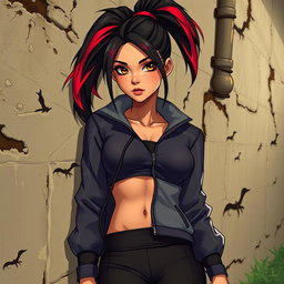 A charismatic Latina vampire with captivating brown eyes, long dark hair styled into a high ponytail adorned with vivid red highlights, and a sun-kissed tan complexion