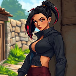 A charismatic Latina vampire with captivating brown eyes, long dark hair styled into a high ponytail adorned with vivid red highlights, and a sun-kissed tan complexion