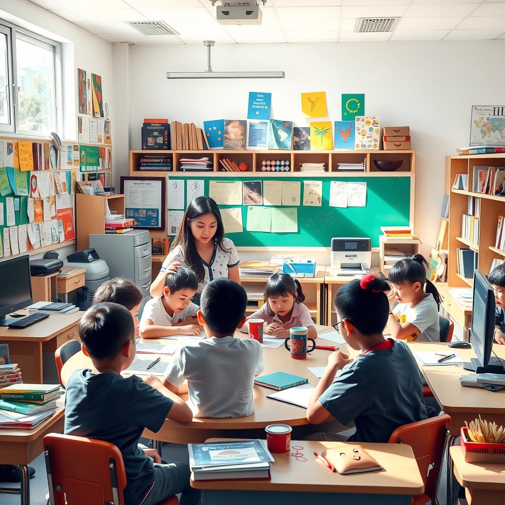 An educational scene showcasing a multicultural classroom environment filled with diverse students engaged in learning activities