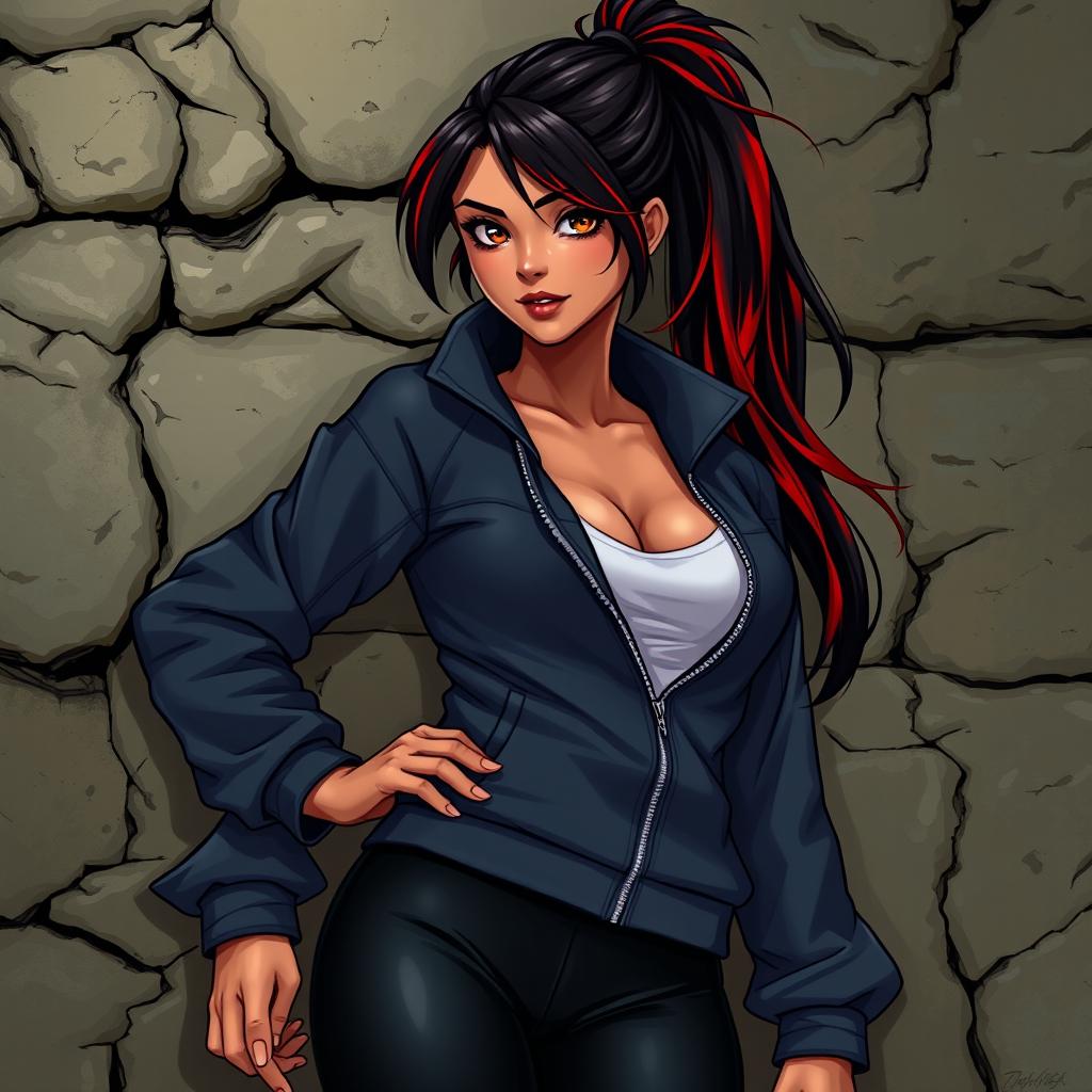 A charismatic Latina vampire with mesmerizing brown eyes and long dark hair styled into a ponytail, enhanced with striking red highlights, and boasting a glowing tan complexion