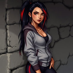 A charismatic Latina vampire with mesmerizing brown eyes and long dark hair styled into a ponytail, enhanced with striking red highlights, and boasting a glowing tan complexion