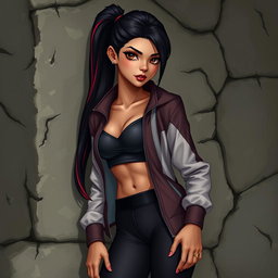 A charismatic Latina vampire with mesmerizing brown eyes and long dark hair styled into a ponytail, enhanced with striking red highlights, and boasting a glowing tan complexion