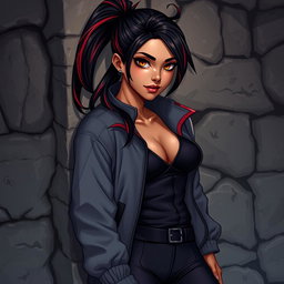 A charismatic Latina vampire with mesmerizing brown eyes and long dark hair styled into a ponytail, enhanced with striking red highlights, and boasting a glowing tan complexion