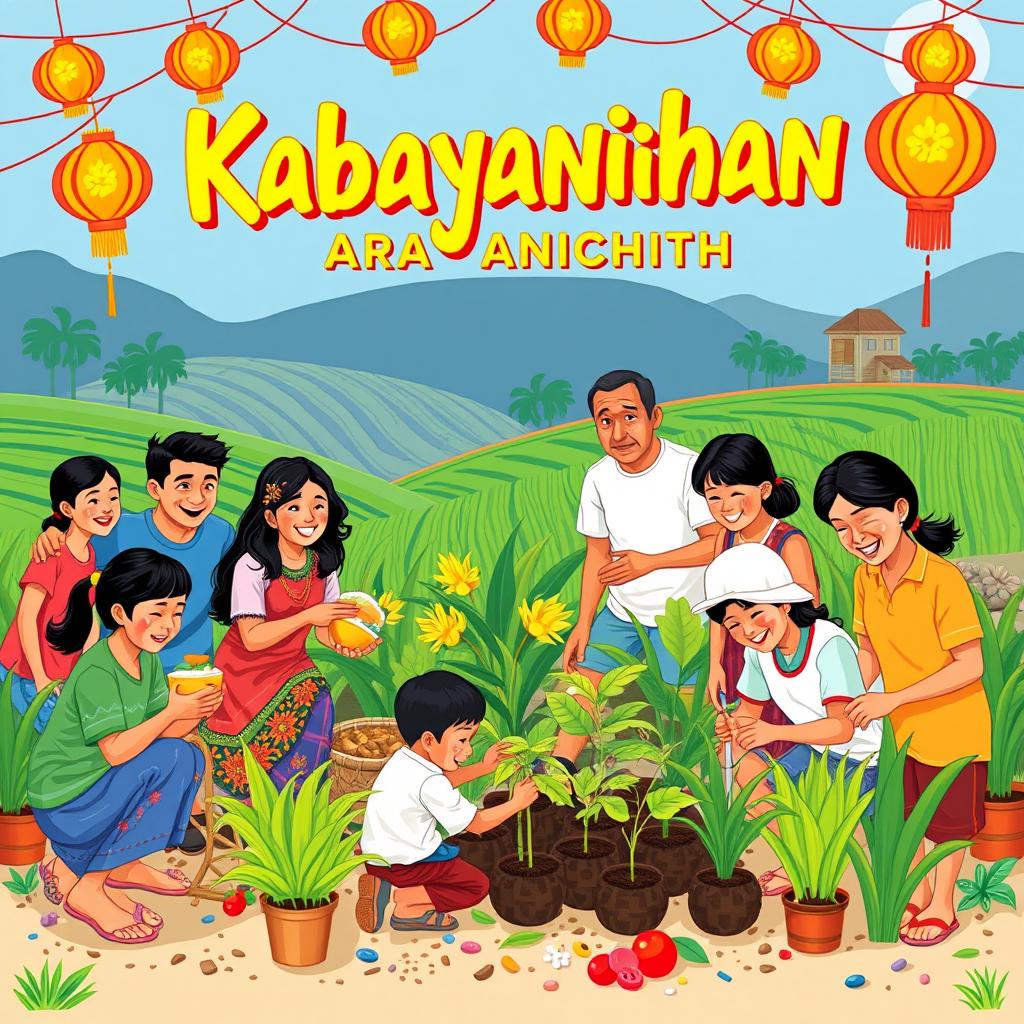 A vibrant and colorful depiction of 'kabayanihan', representing community spirit and unity among Filipinos