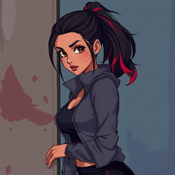 A charismatic Latina vampire with enchanting brown eyes, long dark hair styled into a ponytail with striking red highlights, and a warm tan complexion