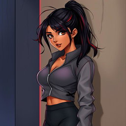 A charismatic Latina vampire with enchanting brown eyes, long dark hair styled into a ponytail with striking red highlights, and a warm tan complexion