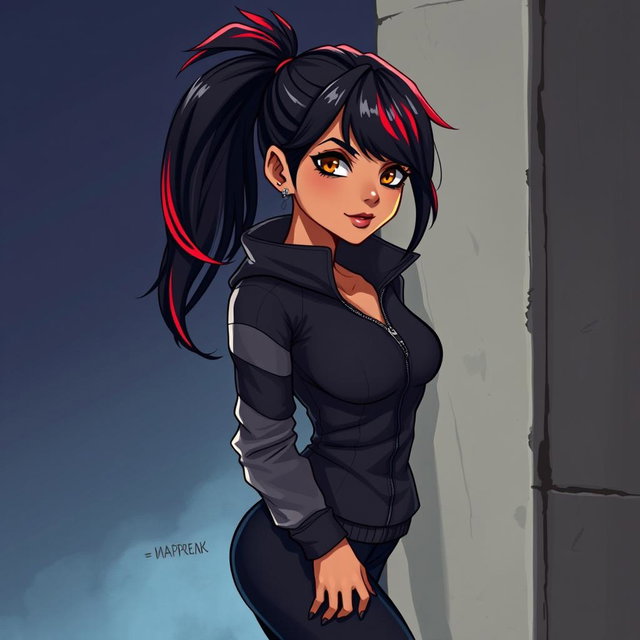 A charismatic Latina vampire with enchanting brown eyes, long dark hair styled into a ponytail with striking red highlights, and a warm tan complexion
