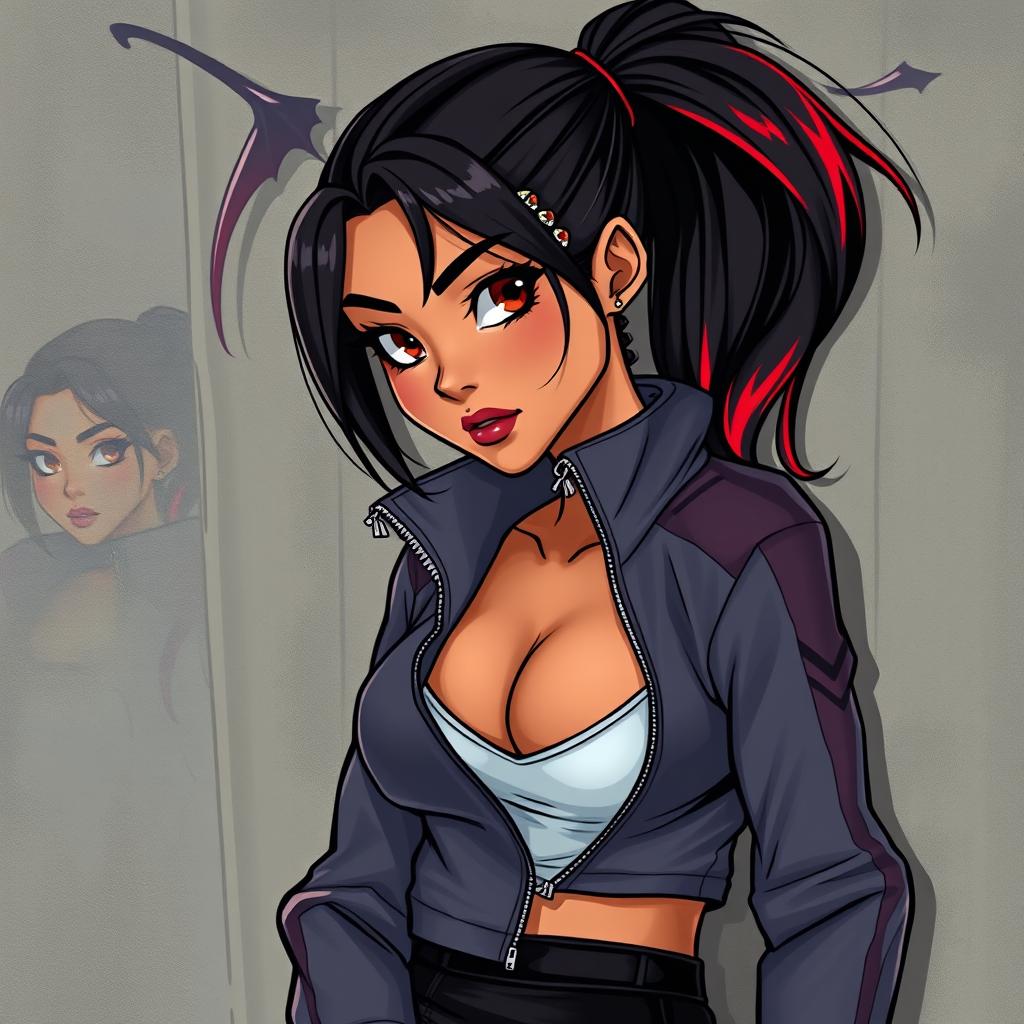 A charismatic Latina vampire with enchanting brown eyes, long dark hair styled into a ponytail with striking red highlights, and a warm tan complexion