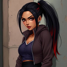 A charismatic Latina vampire with mesmerizing brown eyes and long dark hair styled into a sleek ponytail featuring vibrant red highlights, showcasing a beautiful tan complexion