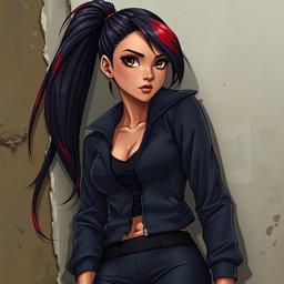 A charismatic Latina vampire with mesmerizing brown eyes and long dark hair styled into a sleek ponytail featuring vibrant red highlights, showcasing a beautiful tan complexion