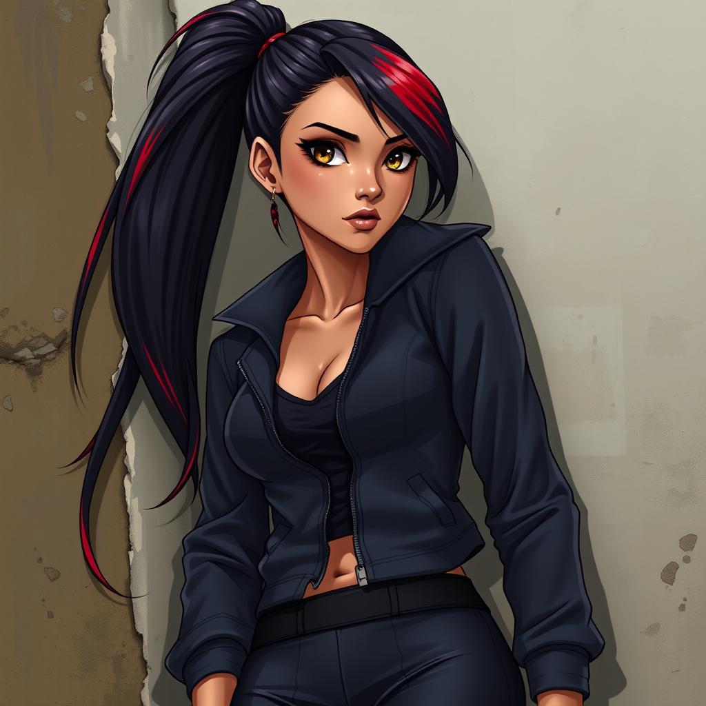 A charismatic Latina vampire with mesmerizing brown eyes and long dark hair styled into a sleek ponytail featuring vibrant red highlights, showcasing a beautiful tan complexion