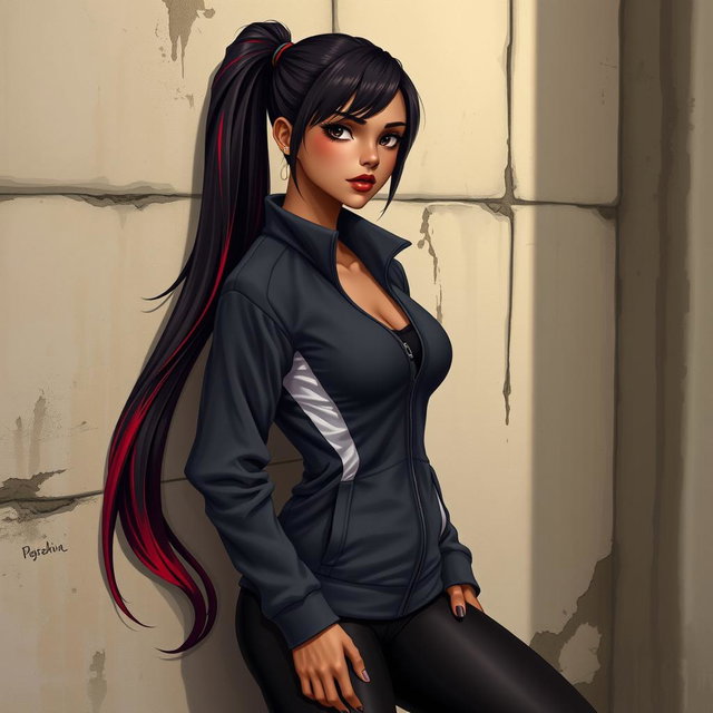 A charismatic Latina vampire with mesmerizing brown eyes and long dark hair styled into a sleek ponytail featuring vibrant red highlights, showcasing a beautiful tan complexion