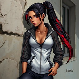 A charismatic Latina vampire with mesmerizing brown eyes and long dark hair styled into a sleek ponytail featuring vibrant red highlights, showcasing a beautiful tan complexion