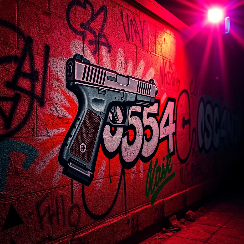 A captivating image for a music cover featuring a wall covered in graffiti, prominently displaying a detailed and realistic Glock pistol depicted in a graffiti style