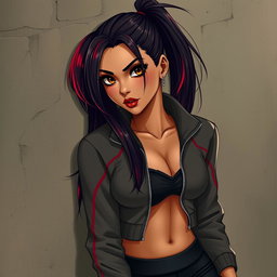 A charismatic Latina vampire with mesmerizing brown eyes and long dark hair styled into a sleek ponytail with vivid red highlights, highlighted by her warm tan complexion