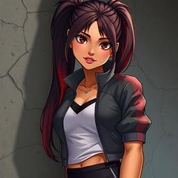 A charismatic Latina vampire with mesmerizing brown eyes and long dark hair styled into a sleek ponytail with vivid red highlights, highlighted by her warm tan complexion