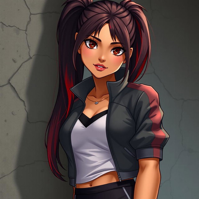 A charismatic Latina vampire with mesmerizing brown eyes and long dark hair styled into a sleek ponytail with vivid red highlights, highlighted by her warm tan complexion
