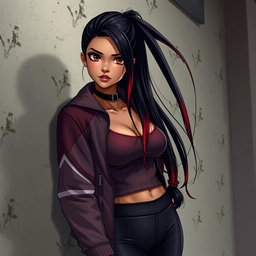 A charismatic Latina vampire with mesmerizing brown eyes and long dark hair styled into a sleek ponytail with vivid red highlights, highlighted by her warm tan complexion