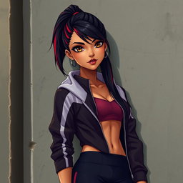 A charismatic Latina vampire with mesmerizing brown eyes and long dark hair styled into a sleek ponytail with vivid red highlights, highlighted by her warm tan complexion