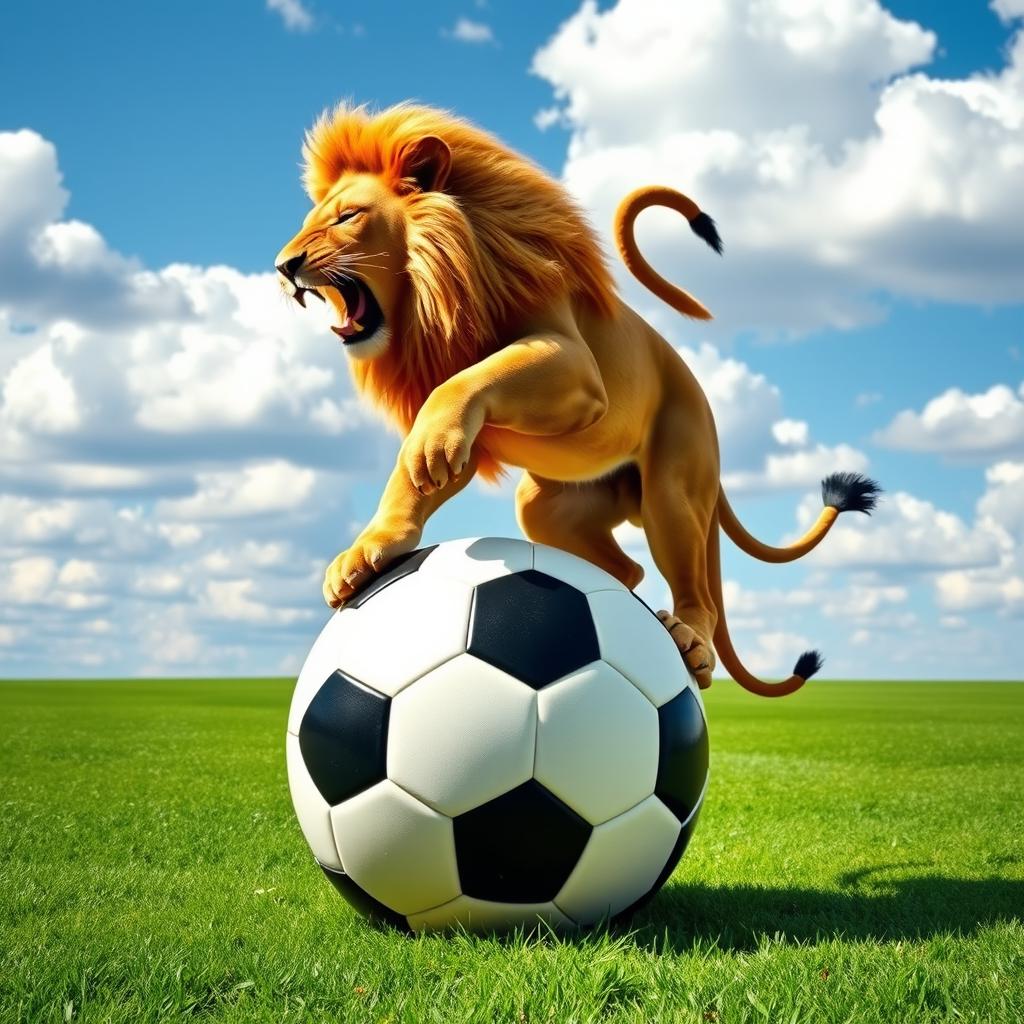 A majestic lion, full of strength and power, playfully balancing on top of a large, classic black and white soccer ball
