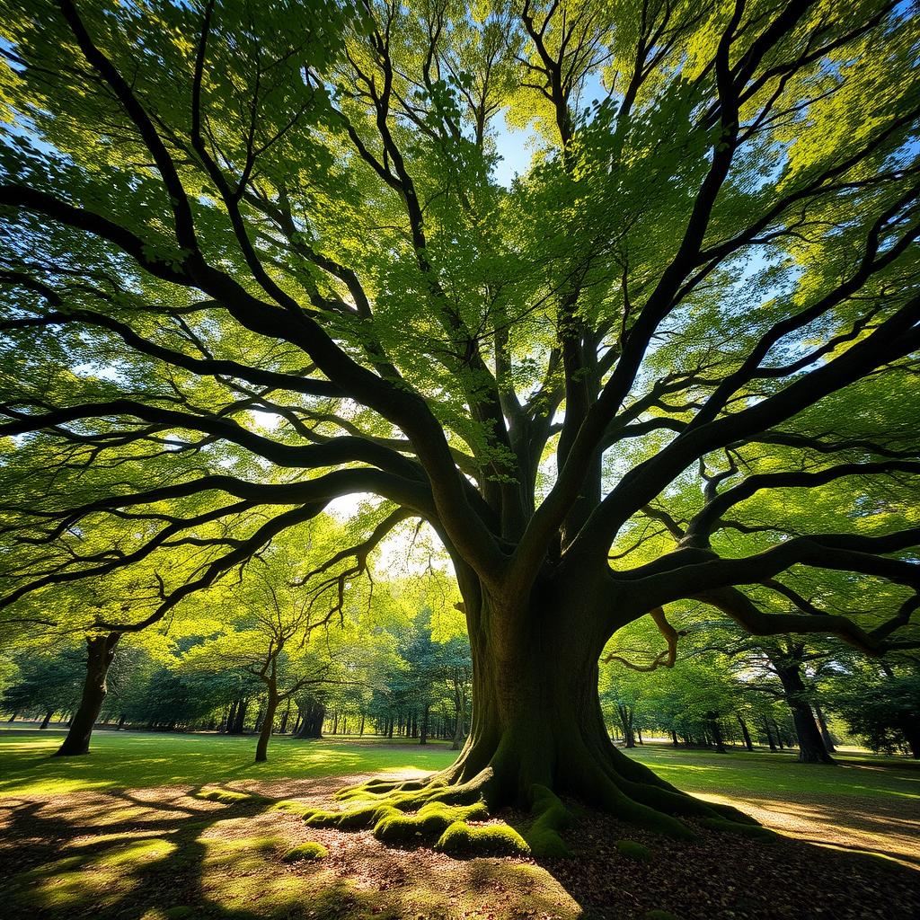 A majestic tree in a serene forest setting, with a wide trunk and extensive branches reaching out