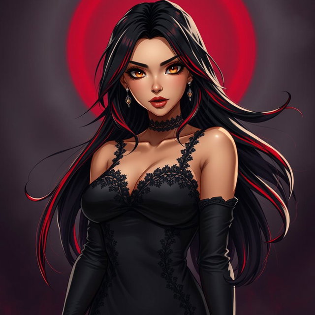 A charismatic Latina vampire rockstar with mesmerizing brown eyes, long flowing dark hair that features striking red highlights, and a gorgeous tan complexion