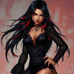 A charismatic Latina vampire rockstar with mesmerizing brown eyes, long flowing dark hair that features striking red highlights, and a gorgeous tan complexion