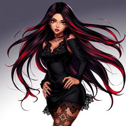 A charismatic Latina vampire rockstar with mesmerizing brown eyes, long flowing dark hair that features striking red highlights, and a gorgeous tan complexion