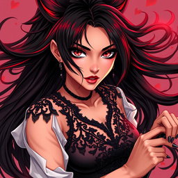 A charismatic Latina vampire rockstar with mesmerizing brown eyes, long flowing dark hair that features striking red highlights, and a gorgeous tan complexion