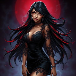 A charismatic Latina vampire rockstar with mesmerizing brown eyes, long flowing dark hair enhanced with striking red highlights, and a beautiful tan complexion