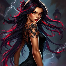 A charismatic Latina vampire rockstar with mesmerizing brown eyes, long flowing dark hair enhanced with striking red highlights, and a beautiful tan complexion