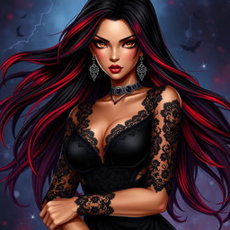 A charismatic Latina vampire rockstar with mesmerizing brown eyes, long flowing dark hair enhanced with striking red highlights, and a beautiful tan complexion