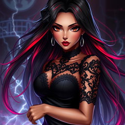 A charismatic Latina vampire rockstar with mesmerizing brown eyes, long flowing dark hair enhanced with striking red highlights, and a beautiful tan complexion