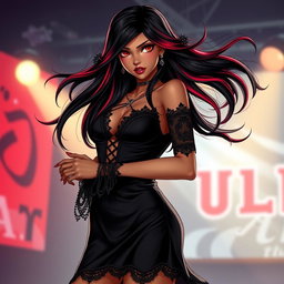 A charismatic Latina vampire rockstar with mesmerizing brown eyes, long flowing dark hair that features dramatic red highlights, and a beautiful tan complexion
