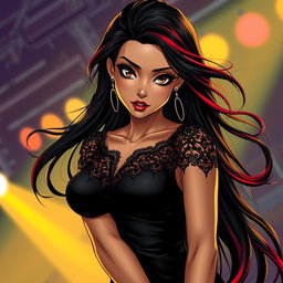 A charismatic Latina vampire rockstar with mesmerizing brown eyes, long flowing dark hair that features dramatic red highlights, and a beautiful tan complexion
